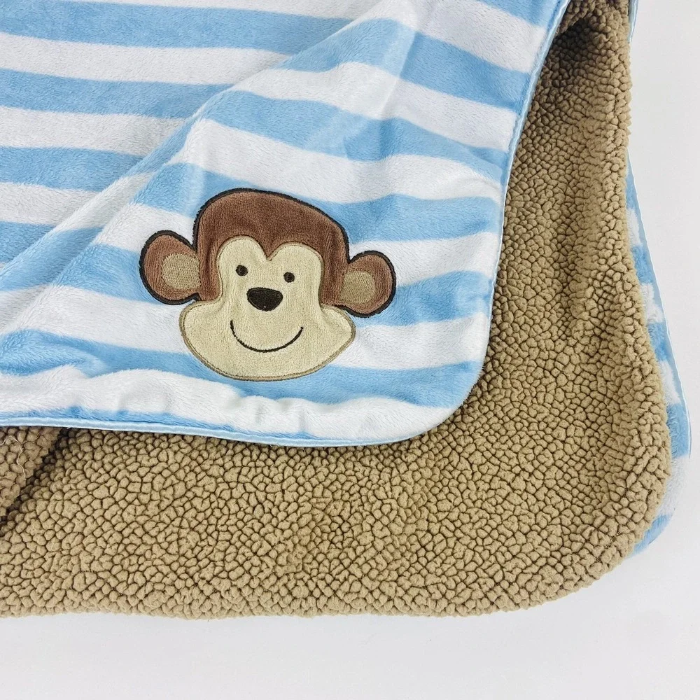 Just One You Carter's Monkey Baby Blanket Striped Blue Brown  Soft Sherpa